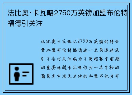法比奥·卡瓦略2750万英镑加盟布伦特福德引关注